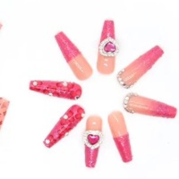 Pink Crystal Embellished Press-On Nails – 24 Piece Set with Logos - Picture 6 of 7